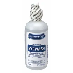 Sterile saline solution for flushing and rinsing eyes exposed to dust, debris, or minor irritants. 4 oz bottle suitable for portable first-aid kits, wall-mounted stations, and industrial first-aid areas.
