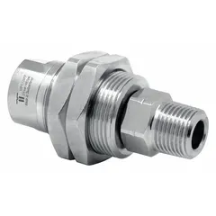 This MOSMATIC rotary union is a straight, single-passage joint made of nickel-plated C38500 brass. It transfers air from a stationary supply line into rotating machinery, supporting speeds up to 1000 RPM. The 3/8 in stationary port connects to fixed piping. Typical applications include industrial automation, packaging, and material handling equipment requiring a leak-free air connection.