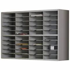 Steel literature sorter with 8 compartments for organizing mail, documents, and literature. Overall width 48 inches, depth 13 1/4 inches. Suitable for office or industrial environments where efficient sorting and storage of paper materials is required.