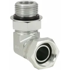 This steel hydraulic hose adapter connects NPSM female threads to ORB male threads in fluid power systems. The 90° swivel elbow configuration allows flexible routing in confined spaces. Suitable for hydraulic lines and equipment requiring a compact, leak-resistant connection.