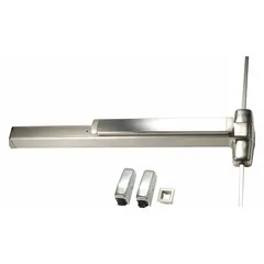 Stainless steel surface vertical rod exit device with touchbar style. Designed for commercial egress on doors up to 3 ft wide. ADA compliant for accessible push-pad operation. Suitable for schools, hospitals, and office buildings.