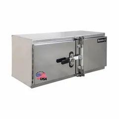 This double barn-door box from BUYERS PRODUCTS is designed for underbody truck storage. It features a silver finish, keyed lock, and cam-action latch for secure access. With a 24-inch overall depth, it provides organized storage for tools and equipment in fleet and maintenance vehicles.