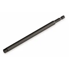 This impact socket adapter converts a 1/4" square drive input to a 1/4" male hex output, allowing impact sockets to be used with hex-drive tools. It features a locking mechanism for secure socket retention and an unfinished finish. Typical applications include automotive repair, assembly, and general maintenance with impact wrenches or drivers.
