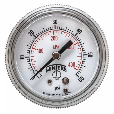 WINTERS Pengukur Tekanan Panel-Mount: U-Clamp, 0 psi hingga 60 psi, Dial 2 in, 1/8 in NPT Male - U-Clamp Panel-Mount with Brass/Bronze Wetted Parts