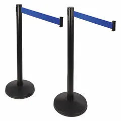 This two-post retractable belt barrier system includes a blue belt with no pattern or legend, 10 ft belt length, and black posts with round sloped bases. Used for crowd control and queue management in industrial facilities, warehouses, and public spaces to guide foot traffic or restrict access.