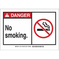 This polyester adhesive sign displays a danger no smoking message. It is not retroreflective and does not have glow-in-the-dark or anti-slip properties. The sign is mounted using adhesive and measures 3 1/2 inches by 5 inches. It is suitable for marking no-smoking areas in industrial and commercial settings.
