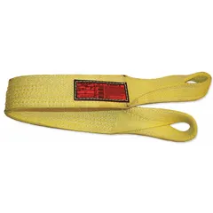 This standard nylon twisted-eye web sling has 4 plies and a 10 ft sling length, with a vertical hitch capacity of 20,400 lb. It is used for lifting and rigging in industrial material handling applications. The sling includes a wear-resistant tag for identification.