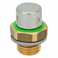 Metric pressure-relief breather vent with M12x1.5 thread, brass body, and stainless steel cap. Minimum opening pressure 160 mbar. Used to relieve pressure buildup in enclosures, gearboxes, or hydraulic systems, protecting seals and components from overpressure