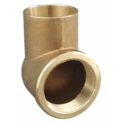 Low-lead cast bronze sweat fitting elbow with Cup x FNPT connections. Connects 3/8 in CTS copper tube to 3/8 in female NPT pipe thread. Used in plumbing and HVAC systems for directional changes in piping.