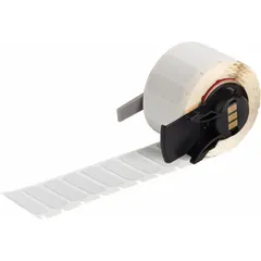 This precut label roll measures 1 in x 3/8 in and is made of polyester with a metal-detectable, gray finish. It is designed for use with the BMP71 printer (with Media Adapter). Typical applications include labeling in environments where metal detection is required, such as food processing or pharmaceutical facilities.