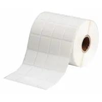 Vinyl wraparound label, black on white, measuring 15/16 in x 3/4 in. Designed for wire gauges from 6 AWG to 20 AWG. Compatible with THT printer series and requires R6213 ribbon for thermal transfer printing. Used for identifying wires in electrical panels, control cabinets, and maintenance applications