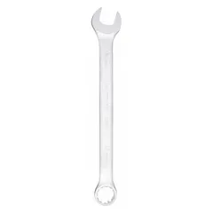 This combination wrench features a 15 mm 12-point box end and an open end, both offset for access to recessed fasteners. Made of alloy steel with a satin finish, it has an overall length of 7 7/8 inches. Suitable for tightening or loosening metric fasteners in mechanical assembly and maintenance tasks.