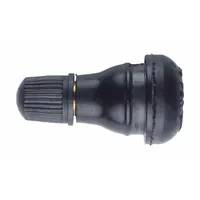 This snap-in tire valve stem from TRU-FLATE is constructed of black rubber and features a straight shape with a 180° valve stem angle. It has a standard bore valve size and a 0.305-32 thread size, complying with TR412 standards. Designed for use in pneumatic wheelbarrow tires, it provides a reliable air seal and inflation point