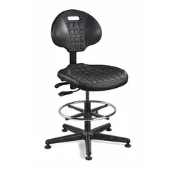 This armless drafting chair features a black nylon frame and a tilting back. Seat width is 18 1/2 inches and seat depth is 17 inches. The armless design allows unrestricted movement, suitable for use at drafting tables and workstations in technical drawing, design, or assembly tasks.