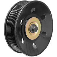 Steel ribbed idler pulley for serpentine belt systems. Compatible with 8PK belt trade size. Rated for light-duty performance. Used to guide and tension the serpentine belt in engine accessory drive systems.