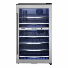 This DANBY beverage cooler has a 4 cu ft total capacity with 6 shelves and a glass swing door. It features automatic defrost and operates on 115V with a 3-prong plug. Suitable for storing drinks in commercial or residential settings.