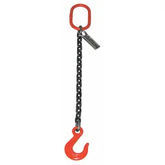 LIFT-ALL Grade-80 single-leg chain sling with a 7/8 in chain trade size. Constructed from alloy steel and includes a sling hook. Used for overhead lifting and rigging in industrial settings.