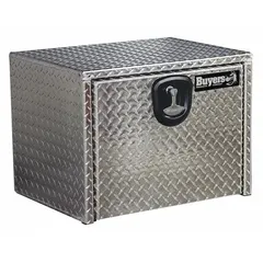 This single drop-down door box is designed for underbody mounting on trucks, providing secure storage for tools and equipment. The keyed lock keeps contents protected from theft and weather. The drop-down door allows quick access to stored items.