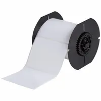 White polyester precut label roll measuring 4 in x 3 in, containing 500 labels. Halogen-free material suitable for industrial labeling applications. Compatible with the i3300 printer series