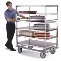 Stainless steel banquet cart with 6 shelves, each 46 in long, and overall width of 30 3/4 in. Features all edges down shelf edges and includes a handle. NSF certified. Used in commercial kitchens and catering for transporting and serving food on trays and pans