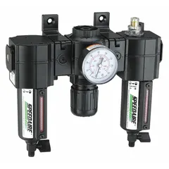 This FRL unit filters compressed air to 5 micron, regulates pressure up to 250 psi, and provides mist lubrication. With 1/4 in NPT ports and 56 cfm flow capacity, it is used in pneumatic systems for assembly, packaging, and automated manufacturing to condition air for downstream equipment.