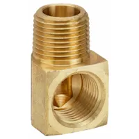 This 90° threaded elbow is used in potable water systems to change the direction of flow between two pipes. Constructed from CA2745 brass, it has a maximum operating pressure of 1,000 psi and measures 1 in length with 1/8 in x 1/8 in connections