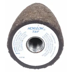 This NORTON grinding cone is a Type 16 high-performance abrasive tool for stainless steel and nickel alloys. It features a 2" diameter, 3" length, and 5/8"-11 threaded arbor, with 20 grit zirconia alumina abrasive and a hardness rating of R. Suitable for heavy stock removal, weld blending, and surface preparation in metal fabrication and foundry applications.