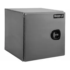 This single barn-door box is designed for underbody truck mounting to provide secure storage for tools and equipment. It features a keyed lock and a silver finish. Overall depth is 24 inches.