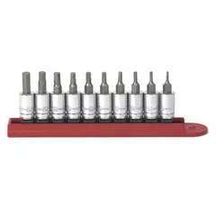 This 25-piece hex bit socket set includes 10 pieces with a 1/4 in drive size. The fixed insert design and SAE sizing make it suitable for driving hex fasteners in automotive repair, machinery maintenance, and assembly work.