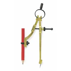 This drafting compass features a spring mechanism, a scribing point, and a marking pencil for drawing precise circles and arcs up to 9 inches in diameter. Constructed from steel, it is suitable for technical drawing, layout, and design tasks on paper or similar materials.