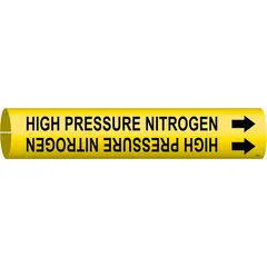 Yellow snap-on pipe marker with black legend 'High Pressure Nitrogen' and directional arrows. Fits pipe outer diameters from 2-1/2 to 3-7/8 inches. Used to identify high-pressure nitrogen lines in industrial piping systems, helping to indicate contents and flow direction.