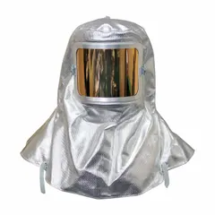 This aluminized hood is constructed from para-aramid material for heat resistance. It features an abrasion-resistant window coating and is designed for use in industrial environments requiring thermal protection, such as foundries, welding, and furnace operations.