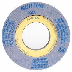 This NORTON recessed grinding wheel is designed for moderate-to-heavy grinding of tool steels. The Type 7 recessed shape provides clearance for side grinding on complex workpieces. Specifications: 12" diameter, 2" thickness, 5" arbor hole, 32A46-HVBE, wheel hardness H.