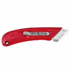 This retracting utility knife features a steel blunt tip and plain edge, housed in a red plastic body with a quick-change blade mechanism. The blade guide aids in controlled cutting. Typical applications include cutting cardboard, shrink wrap, tape, and packaging materials in warehouses and manufacturing settings.