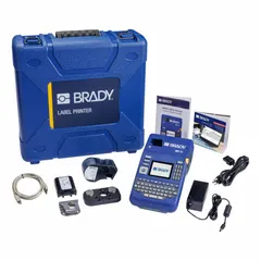 Portable label printer for cable and wire identification. Prints on indoor/outdoor vinyl labels up to 1-1/2" wide. Includes battery, hard case, one label cartridge, and Brady Workstation Product and Wire ID Software Suite.