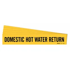 Yellow adhesive pipe marker with black legend reading 'Domestic Hot Water Return'. Fits pipe outer diameters from 2-1/2 to 7-7/8 inches. Supplied without arrows in a pack of 5. Used to identify domestic hot water return piping in facility systems.