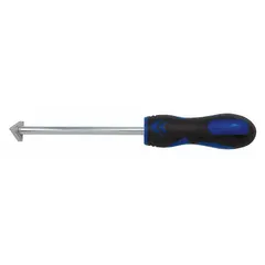 Grout removal tool with a solid carbide tip for scraping out old or damaged grout from tile surfaces. Soft grip handle provides comfort during use. Suitable for tile renovation, repair, and replacement on floors, walls, and countertops.