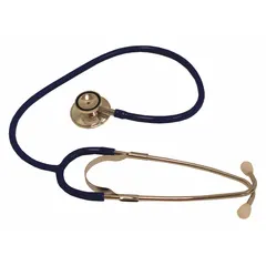 Acoustic dual stethoscope for adult and pediatric auscultation. Blue color, 22-inch overall length, includes ear tips. Dual-head chestpiece enables quick switching between patient sizes for heart, lung, and bowel sound assessment.