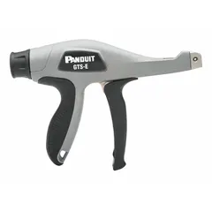 Hand tool for installing nylon cable ties with tensile strengths from 8 to 50 lb and widths from 0.07 to 0.19 in. Features pre-set tension steps for consistent, repeatable installation. Plastic body with ergonomic design. Used in electrical panel building, network cabling, and industrial wiring applications.