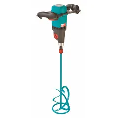 This single-paddle corded mud mixer operates on 110V AC power and features a dual safety trigger for controlled operation. It is designed for mixing joint compounds, thinset, and other construction materials in containers up to 24 gallons. The 2-paddle configuration provides efficient blending for professional drywall and tiling applications.