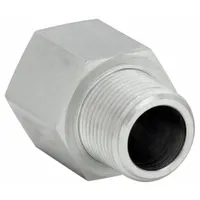 Steel straight adapter for hydraulic threaded extreme-pressure pipe systems. Connects two male pipes of the same size. Rated for 5,000 psi maximum operating pressure. Suitable for high-pressure fluid power applications requiring leak-resistant connections