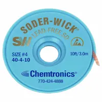 Rosin flux desoldering braid for removing excess solder from electronic circuit boards. Width 0.11 inches, length 10 feet, blue color, ESD-safe. Suitable for through-hole and surface-mount desoldering tasks