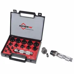 This 36-piece hollow punch set is used for cutting clean holes in light sheet metal for gasket fabrication. Punches are available in SAE sizes: 5/8 in, 1 in, 1 3/8 in, 1 5/8 in, 2 1/4 in, 2 3/4 in, and 4 3/8 in. Overall length is 1-5/16 in. Set includes a storage case.