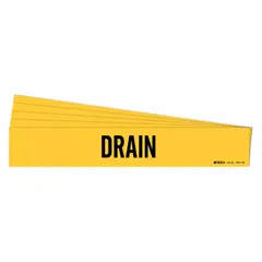 Yellow adhesive pipe marker with black legend text reading 'Drain' without arrows. Designed for pipes with outer diameter of 8 inches and larger. Each pack contains 5 markers. Used to identify pipes carrying drain contents in industrial piping systems.
