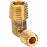 This 90° elbow is a threaded high-pressure pipe fitting for potable water systems. It features 1/4 in x 1/8 in male NPT threads on both ends and is rated for a maximum operating pressure of 1,000 psi. Used to change flow direction in piping systems