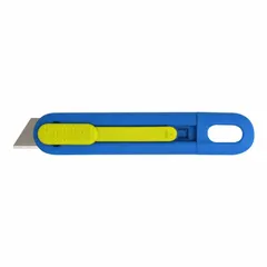 This automatic retracting utility knife features a textured blue plastic handle and a press-and-pull blade change mechanism. It is equipped with a carbon steel rounded tip blade. The knife has an overall length of 5-1/2 inches and an overall width of 1 inch. It is commonly used for cutting cardboard, plastic strapping, and packaging materials in warehouses and industrial settings.