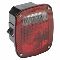 LED combination light providing stop, turn, and tail functions. Features a red lens, square shape, Metri-Pack electrical connection, and stud mount for permanent installation. Complies with FMVSS 108 standards. Suitable for use on trucks, trailers, and heavy equipment.
