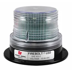 White LED round beacon with 3 5/8 in overall height, operating on 12/72V DC. Features 15 selectable flash patterns, pigtail electrical connection, and pipe mount. Includes installation kit. SAE Class 2 rated for vehicle warning applications.