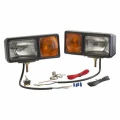 Halogen snowplow light with high and low beam capability. Non-heated design with surface mount style and stud mount. Electrical connection via blunt cut wires. Suitable for commercial plow applications requiring forward illumination.