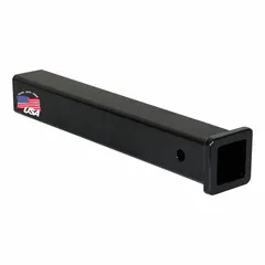 This receiver tube is made of carbon steel and measures 36 inches in overall length with a 2-inch overall width. It is designed for use with 2-inch compatible hitch systems, providing a mounting point for ball mounts or cargo carriers on trucks and trailers.